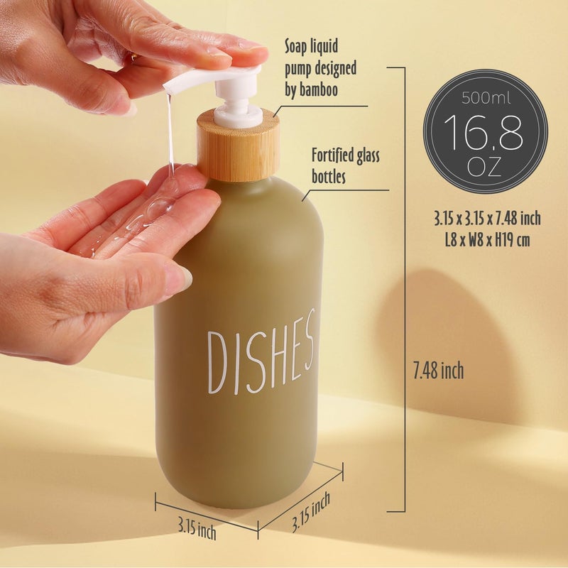 Loochica 2 Pack Sage Green Glass Soap Dispenser Set with Tray, Hand and Dish Glass Soap Dispensers for Kitchen Sink, Kitchen Soap Dispenser Set Suitable for Kitchen Décor - Image 3